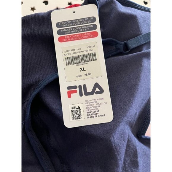 Fila XL (2) Red & Blue Logo Seamless V-Neck Removable Pads Longling Comfort Bras - Picture 6 of 6